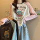 American Retro Cute Print Color-Block Raglan Long-Sleeve T-Shirt for Women, New Spring Loose-Fitting Petite Base Shirt ins