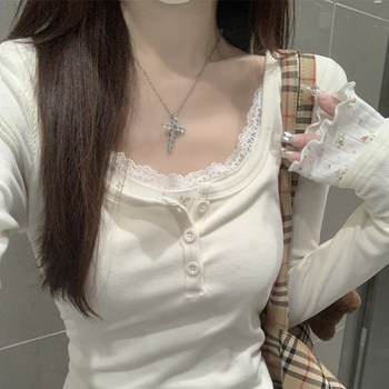Pure Desire Style Contrasting Lace Floral Button-Up Base Shirt for Women, New Autumn Korean Version Fake Two-Piece Long-Sleeve T-Shirt for Women ins