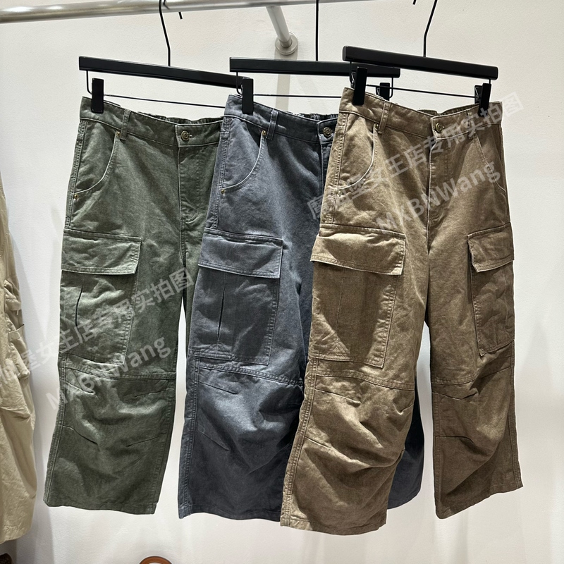 Nanyou Niche European-Style 2026 Autumn Vintage Washed Distressed Work Pants Slimming Wide-Leg Pants Casual Cropped Pants for Women