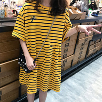 Maternity dress summer Korean version of large size New breastfeeding dress long striped T-shirt with zipper front zipper Cotton