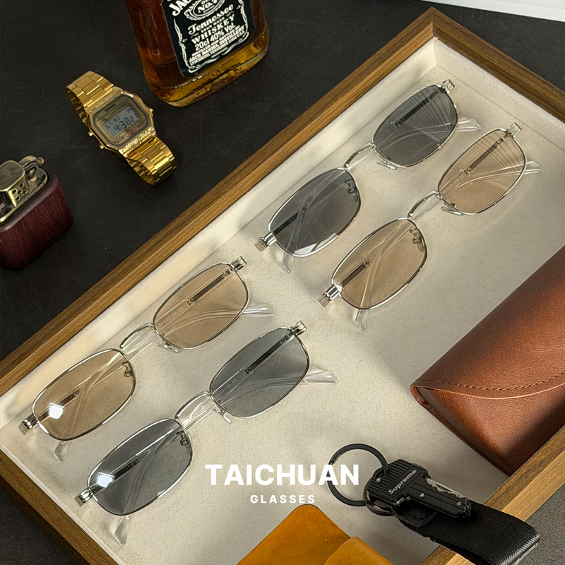 Tai Chuan Old Money Style Metal Square Sunglasses, Cool Narrow Frame Prescription Sunglasses in Brown, Can Be Customized with Prescription Lenses Tai Chuan Old Money Style Metal Square Sunglasses, Cool Narrow Frame Prescription Sunglasses in Brown, Can Be Customized with Prescription Lenses