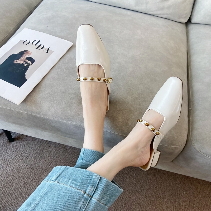 French Square-Toe Shallow Mid-Heel Closed-Toe Slip-On Mules with Chunky Heel for Women