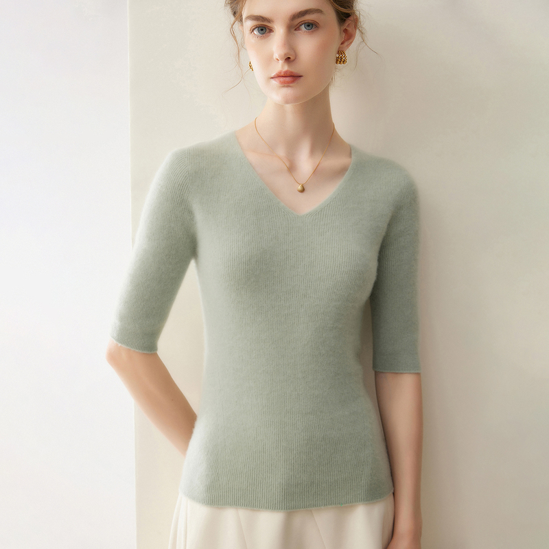 Seamless V-Neck Half-Sleeve Cashmere Sweater for Women, 100% Pure Cashmere, Short-Sleeve Slim-Fit Five-Quarter Sleeve Knit Base Sweater, Thin