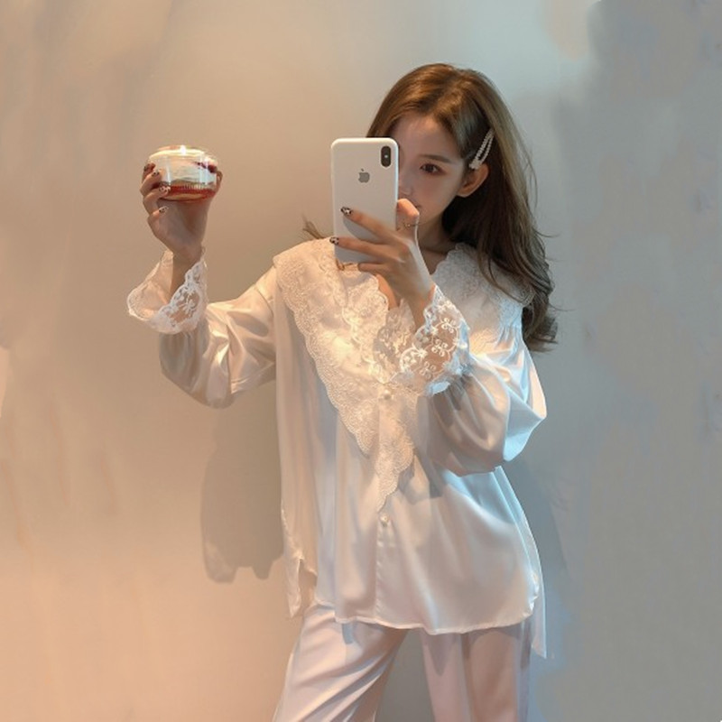 Mulberry silk pajamas women's spring and autumn princess style sexy V-neck ruffles long-sleeved trousers silk homewear nightdress summer