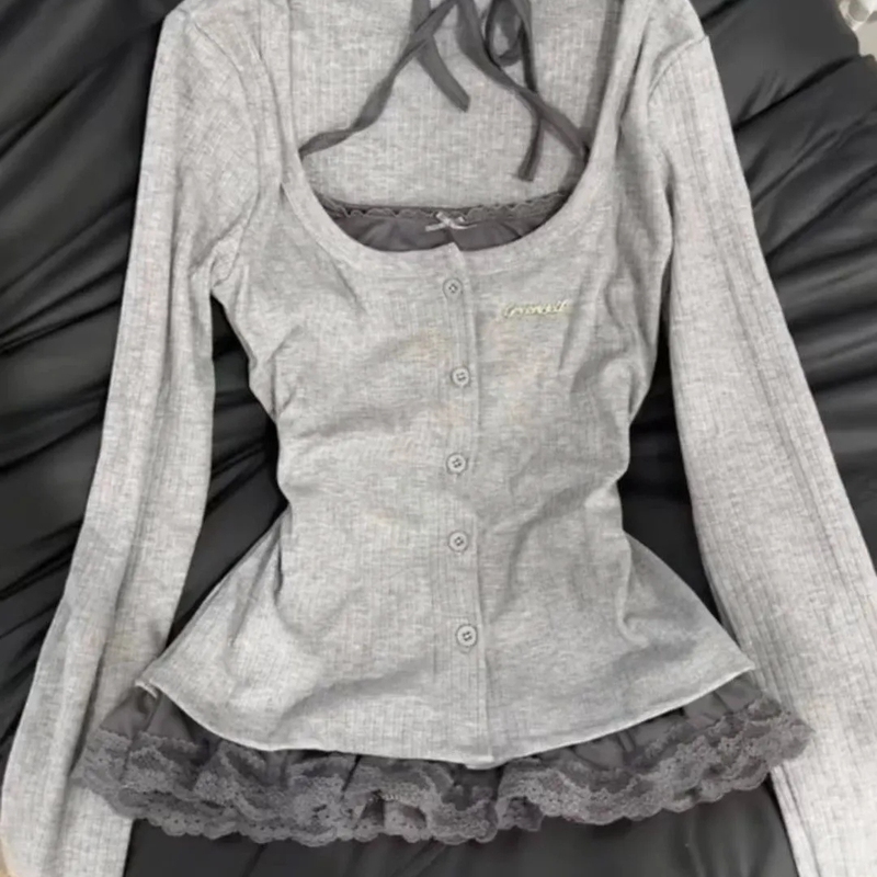 Plus Size Sweet Girl Fake Two-Piece T-Shirt for Women, Spring Slim Fit, Stylish Design, Lace Splicing Long-Sleeve Top