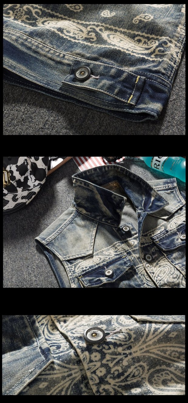 Mùa xuân và mùa thu mới thời trang trùm đầu denim vest thủy triều in retro Slim vest nam vest vest nam - Dệt kim Vest vest nam cao cấp