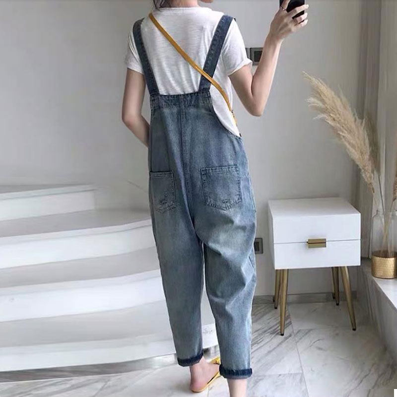 Maternity pants spring and autumn thin section baby bag denim harem straight nine points loose and thin T-shirt two-piece light-colored retro
