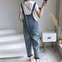 Pregnant women pants spring and autumn thin strap denim Harlan straight nine-point loose thin T-shirt two-piece light color retro