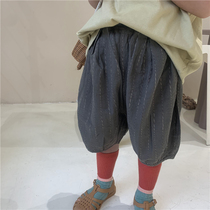 Boy 2021 new summer cotton linen vertical stripe lantern shorts small children Forest style western style wide legs five Capri pants