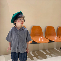 Boy 21 summer new solid color cotton linen hooded short sleeve T-shirt small child forest foreign style sunscreen coat thin