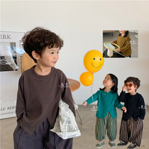 Boy 2022 fall new pure color full cotton open fork sweatshirt woman baby foreign air long sleeve bottom shirt round collar blouse