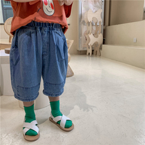 Boy 2021 summer new solid color cotton denim pants baby baby simple loose casual five Capri pants