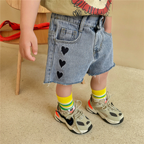 Boy 2021 summer new cotton love embroidered denim shorts small children foreign-style burrs hot pants five-point pants