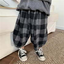 Muchenjia 2021 boys spring and summer new cotton plaid pants small childrens forest loose wide leg ankle-length pants