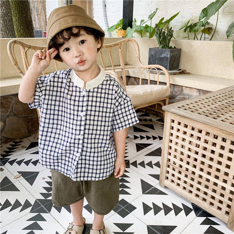 Boys 2022 New Summer Cotton Linen Plaid Short Sleeve Shirt Middle Kids Contrast Collar Loose Shirt Western T-Shirt
