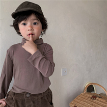 Boys 2021 Autumn Winter New solid color cotton high collar base shirt small childrens forest line foreign style inner coat T-shirt