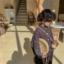 2021 Boys new autumn vintage floral long-sleeved shirt small child forest foreign style long coat coat tide