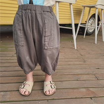 Boys 2021 summer clothes new solid color cotton lantern Capri pants small children Foreign style loose wide legs casual pants tide
