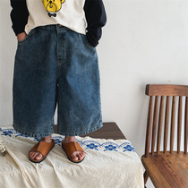 Boy 2022 Fall New Pure Color Full Cotton Denim Broadlegged Pants Middle Boy Loose Casual Straight Cylinder 8-90% Pants