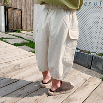 Boy 2021 New Summer Pocket Toilwear Capri pants Small and Medium Children Pure Cotton Loose Lantern Pants Baby Wide Leg Pants