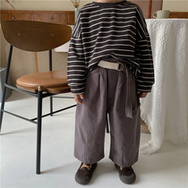 Boy 2021 new autumn solid color cotton straight pants small child Mori loose wide leg ankle-length pants belt