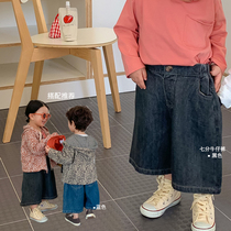 Children 22 Fall new All-cotton denim Seven Pants Men and women Baby Foreign Air Loose Straight Cylinder Broadleg 89 Pants