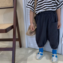 Boy 21 summer new solid color cotton linen pocket lantern ankle-length pants small children Foreign style leisure wide leg mosquito pants