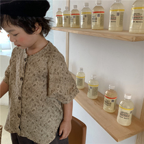 Boy 2021 summer new cotton linen flower short sleeve shirt small child Mori retro style half sleeve t-shirt