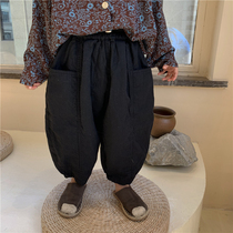 Muchenjia 2021 boys autumn and winter new cotton stitching pants small children Mori wide nine wide wide leg pants