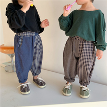 Boy 2022 fall new cotton linen fine grid light cage pants female baby foreign gas AB yin and yang 90% trousers broadlegged pants