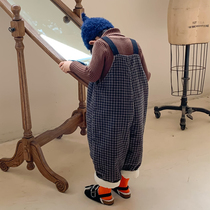 Boy 2021 Winter corduroy plus cotton back pants female baby thickened forest warm Plaid conjoined wide leg pants