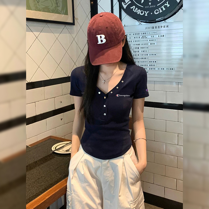 Japanese Trendy Brand Champion 2026 Summer Blue V-Neck Design Short-Sleeve T-Shirt for Women, Slim Fit, Short Top