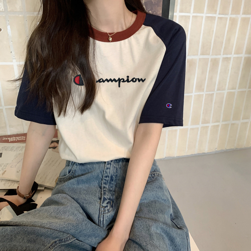 Japanese Champion Brand Summer Design Color-Block Raglan Short-Sleeve T-Shirt for Women, Vintage Loose Pure Cotton Top