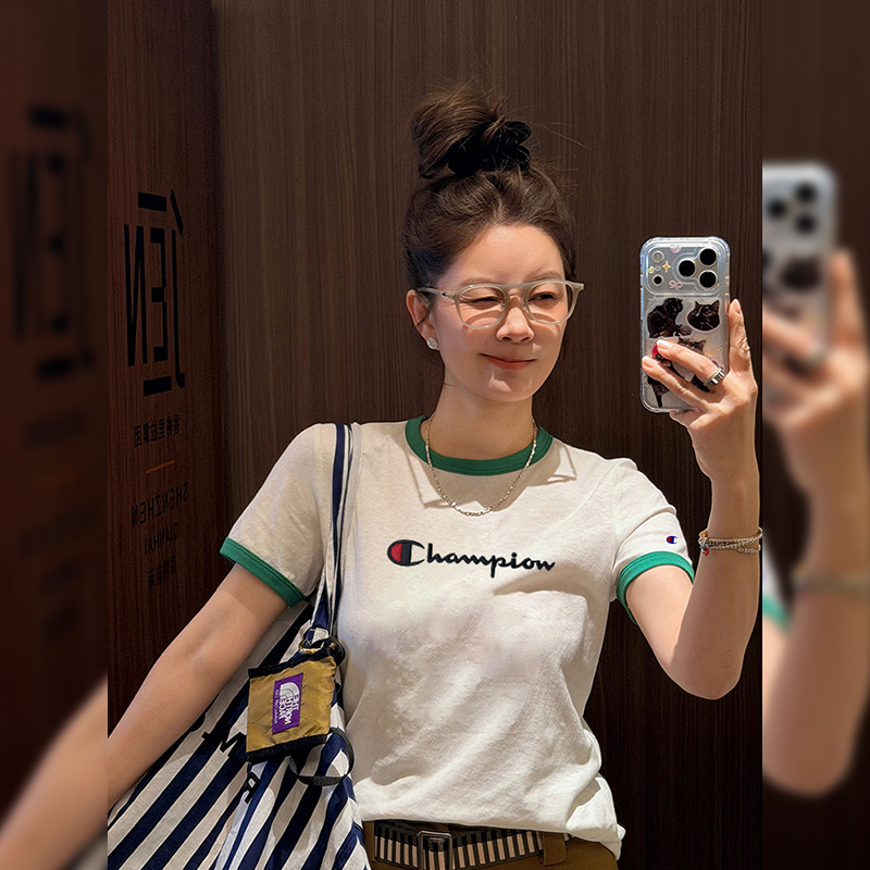Japanese Trendy Brand Champion 26S Summer Regular Shoulder Round Neck Color-Block Short-Sleeve T-Shirt for Women, Fashionable, Slimming, Versatile Top