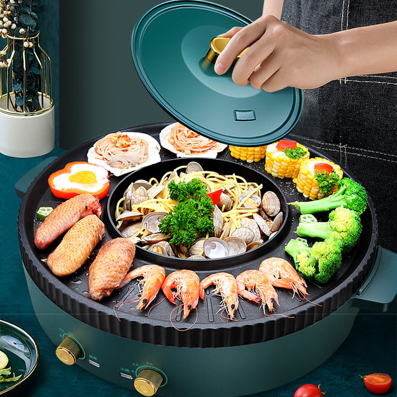 Red multi-functional hot pot meat machine with red barbecue in one cook household Korean grilled dish