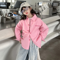 Girls Shirts 2024 Spring and Autumn New Style Childrens Fashionable Pink Shirt Jackets Big Childrens Loose Casual Tops