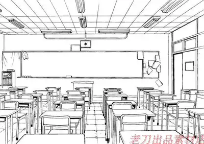 学校建筑 教室陈设 漫画场景背景线稿手稿集手绘临摹参考素材