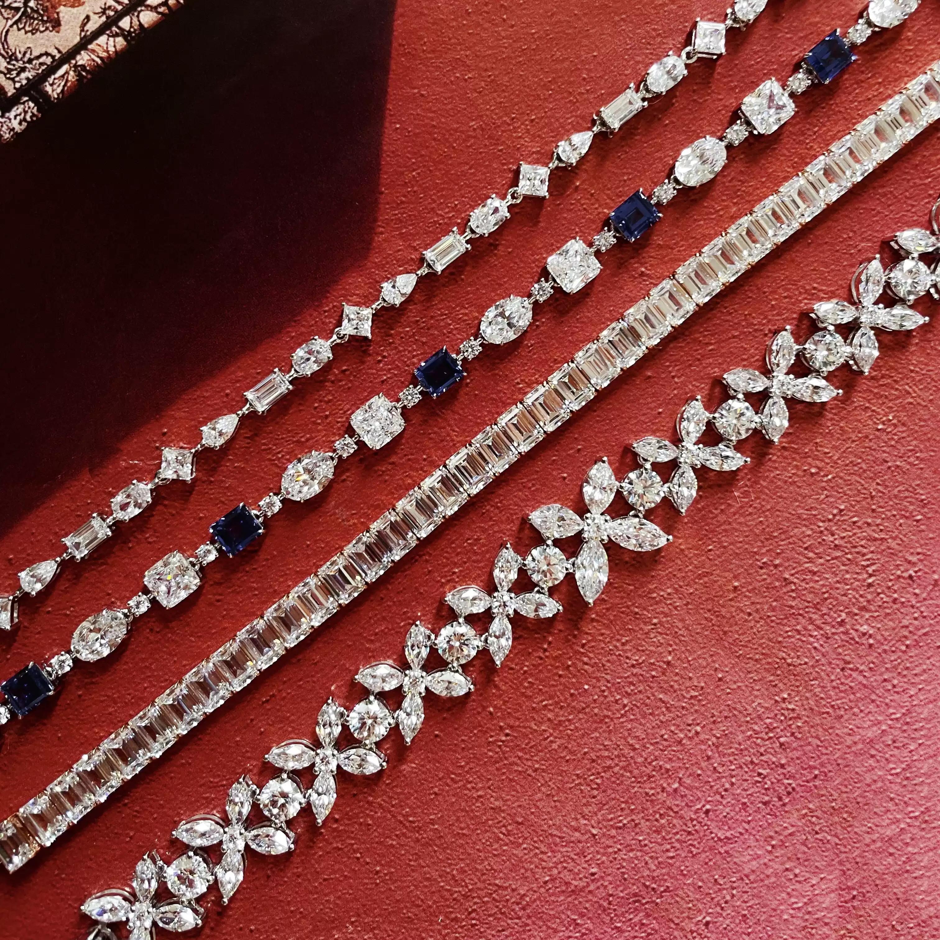 18K金双排牛头钻手链彩色钻石Tennis网球钻石手链订制满钻人工钻手链