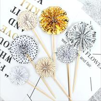 Cake decoration shiny gold and silver powder blue and black origami fan sunflower cake decoration plug-in set 4 pieces