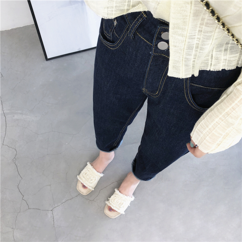 10,000 times the wall crack recommended retro dark blue high waist loose jeans show thin wide leg pants nine-point radish pants for women