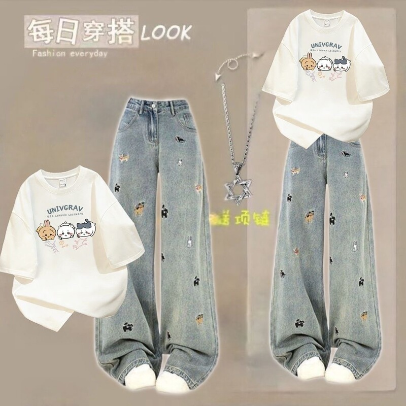 Summer Cool Girl Student Pure Cotton Loose Half-Sleeved T-Shirt High School and Junior High School Girls Casual Jeans Two-Piece Set
