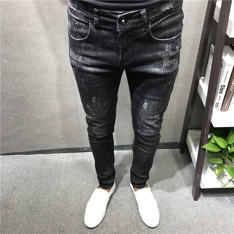 A trendy man in the autumn and winter season, with a new style of slimming, embroidered cat whiskers, black skinny jeans, a socially spirited young man, and a Kuaishou Internet celebrity pic 2