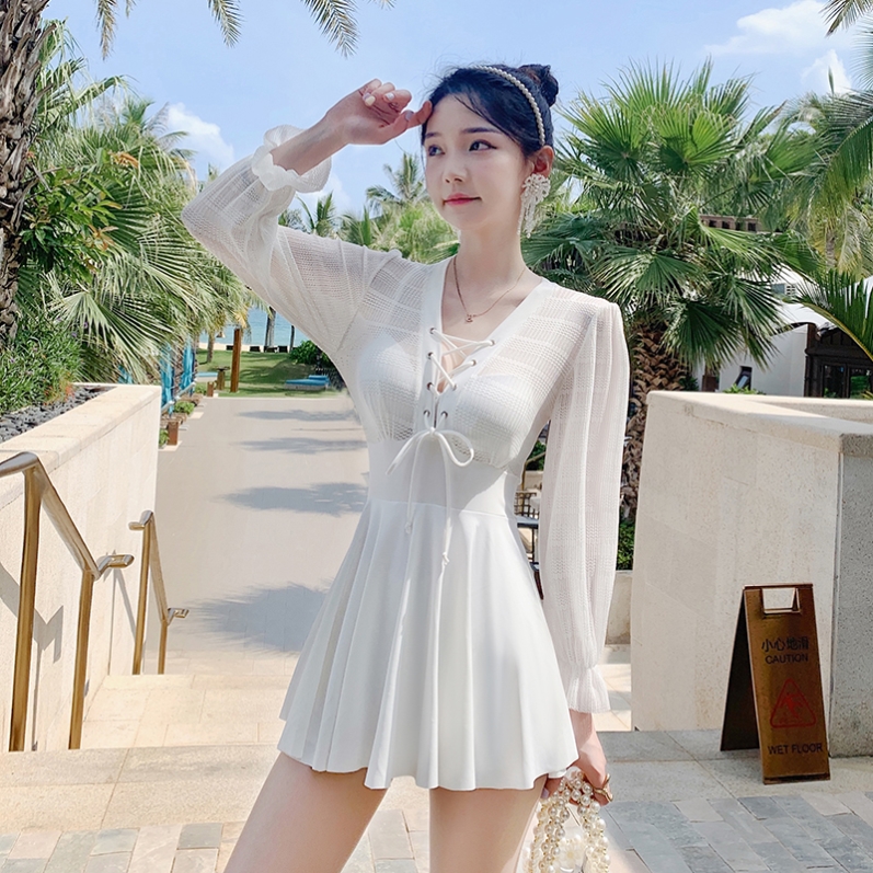 Swimsuit Women Summer 2022 New Korea Fairy's conservative Liandress Skirt Belly long sleeve sunscreen Bathing Suit