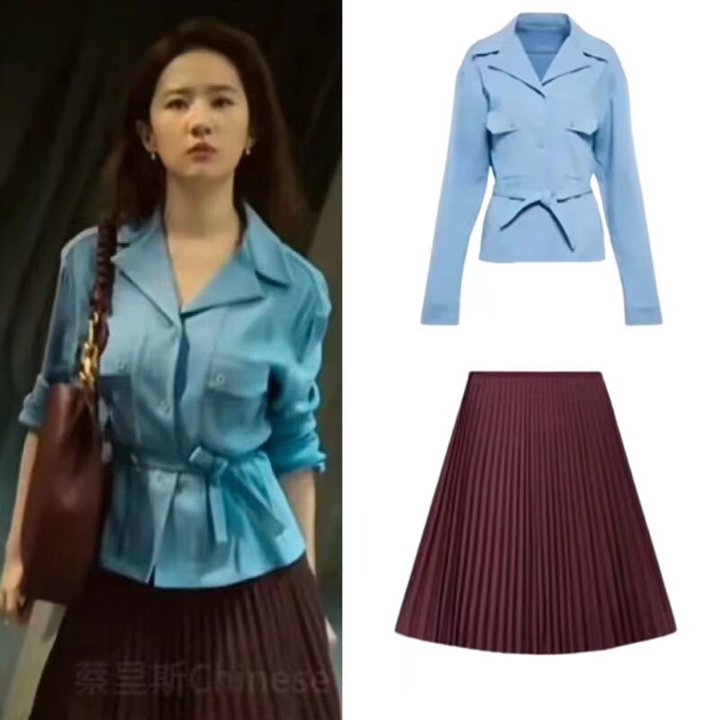 The Story of the Rose Liu Yifei and Huang Yimei's Same Style Blue Waist-Cinching Shirt Women's High-End Jacket Pleated Skirt Suit