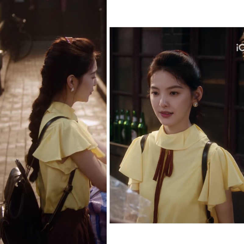 Winter Is over and Spring Is Coming. Zhang Ruonan's Same Style Yellow Ruffled Top Is so Beautiful, Sweet and Girly, with a Lace-Up Shirt Design