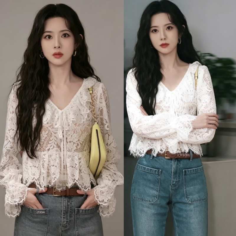 Meng Ziyi's Same Style White French Romantic V-Neck Lace Blouse for Women, Thin Hollow-Out Ruffled Slimming Shirt