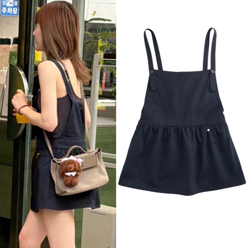 Zhao Lusi's Same Style Navy Blue Sporty and Beautiful Vest-Style Short Dress for Women, Sweet and Youthful College-Style Suspender Dress