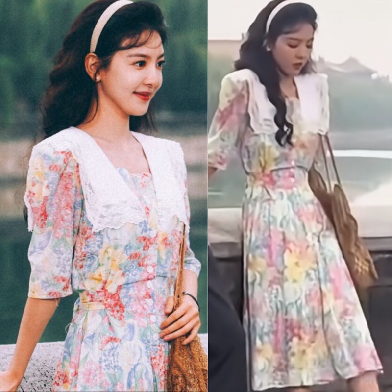Winter Is over and Spring Is Coming. Zhang Ruonan's Same Style Retro Artistic Style Printed Doll Collar Floral Dress with Waist-Cinching Design for Women
