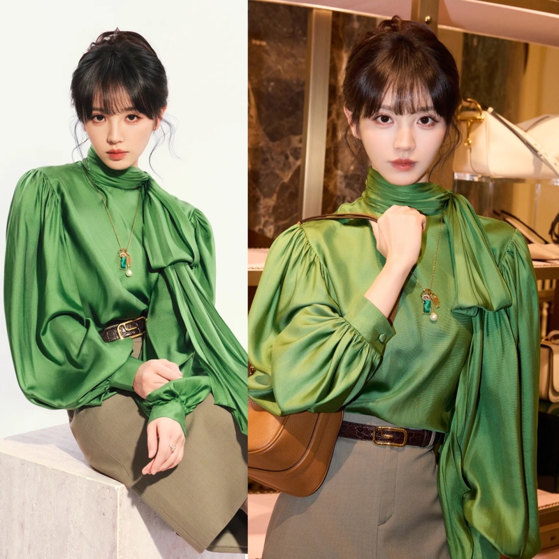 Tian Xiwei's Same Style Green Loose Lantern Sleeve Stunning and Unique Stand-Up Collar Ribbon Tie Long-Sleeve Base Shirt Top