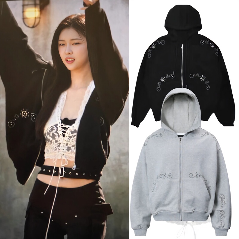 Single Life Is Hell 4 Li Shi'An Same Style Workwear Pants Set for Women Autumn Printed Rhinestone Zipper Hooded Sweatshirt Jacket